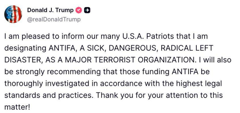 Трамп оголосив рух "Антифа" терористичною організацією Трамп оголосив рух "Антифа" терористичною організацією