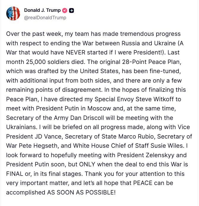 Вітькофф зустрінеться з путіним у Москві, а міністр Дрісколл з українцями - Трамп Вітькофф зустрінеться з путіним у Москві, а міністр Дрісколл з українцями - Трамп