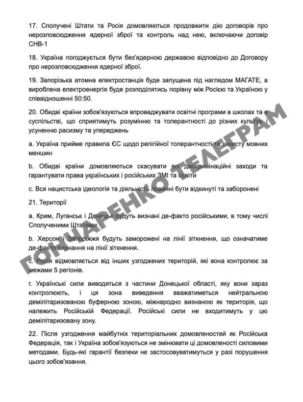 Стали відомі 28 пунктів мирного плану США Стали відомі 28 пунктів мирного плану США
