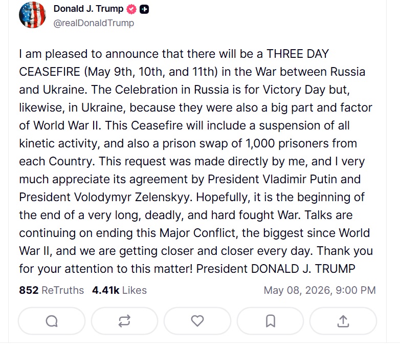 Трамп оголосив триденне перемир'я в Україні та обмін 1000 на 1000